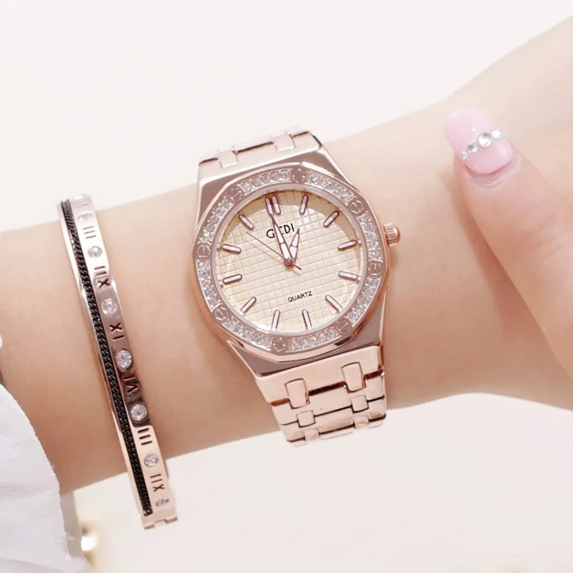 GEDI-reloj de cuarzo de lujo para mujer, pulsera de oro rosa con diamantes de moda, correa de acero inoxidable, resistente al agua, regalo, nuevo