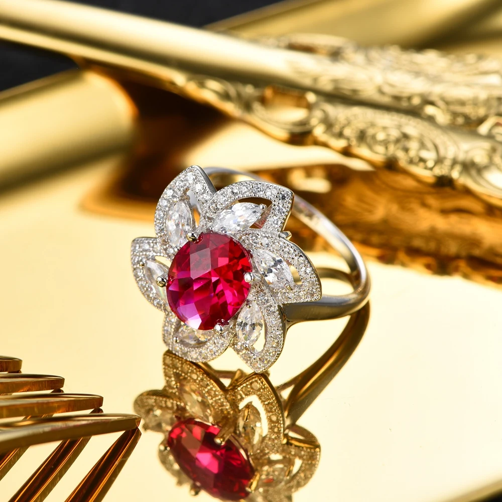 L&ampzuan 100% 925 Sterling Silver Ring 5.82ct Red Stone Checkerboard Gems Cluster Flower Rings For Women Ruby Fine Jewelry | Украшения и
