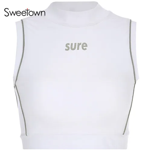 white Sweetown, светоотражающая майка с буквенным принтом, одежда для фитнеса, Женская мода, без рукавов, сексуальный, пуш-ап, летний топ, спортивная одежда - Цвет: white