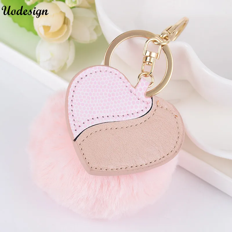 Fur Ball Key Chain Rings Pendant Cute Pompom Heart Shape Keychain Women Car Bag Ring | Chains