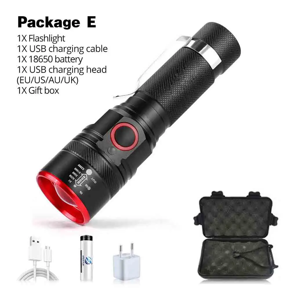 Package E USB аккумуляторные велосипедные фары T6 светодиодный фонарик 3 режима освещения с подсветкой Питание от аккумулятора 18650 Фонар - Цвет: Package E