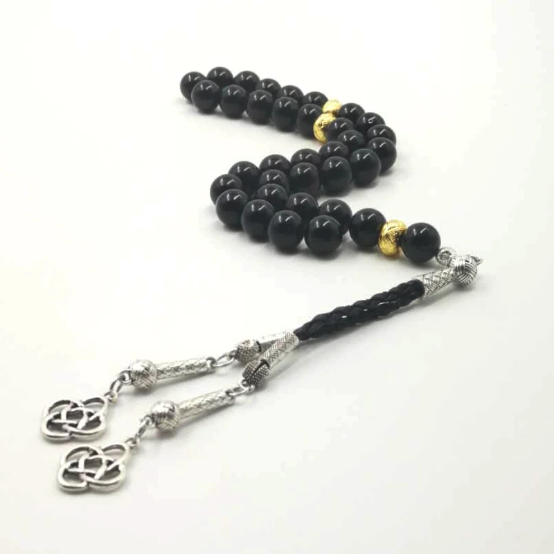 Натуральные Onxy 33 66 99 Бусы Tasbih мужские черные Агаты с золотыми распорными бусинами