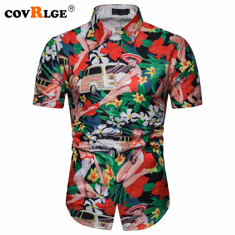 

Covrlge Men's Summer Polyester 3D Floral Print Shirt Turn-down Collar Short-sleeved Single Breasted Shirts Beach Shirts MCS090