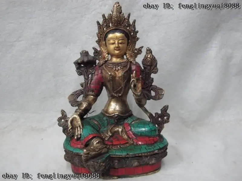 

9 Tibet Bronze Gilt inlay coral turquoise Green Tara GuanYin Kwan Yin Goddess