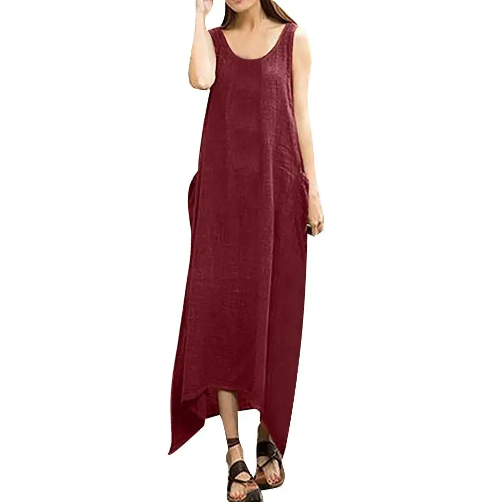 Dresses Винтажное платье в стиле бохо, без рукавов, из хлопка и льна, необычное, круглый воротник, повседневное, для женщин, плюс размер, длинное, макси, платья jurken zomer#15 - Цвет: Dresses