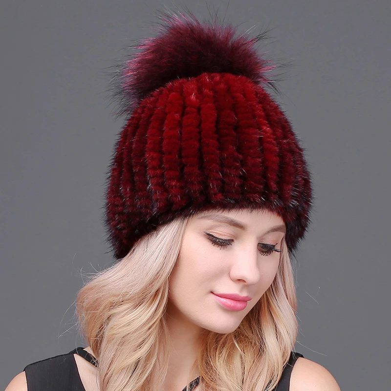 Вязаные шапки из меха норки для женщин шапка натурального с помпоном лисьего