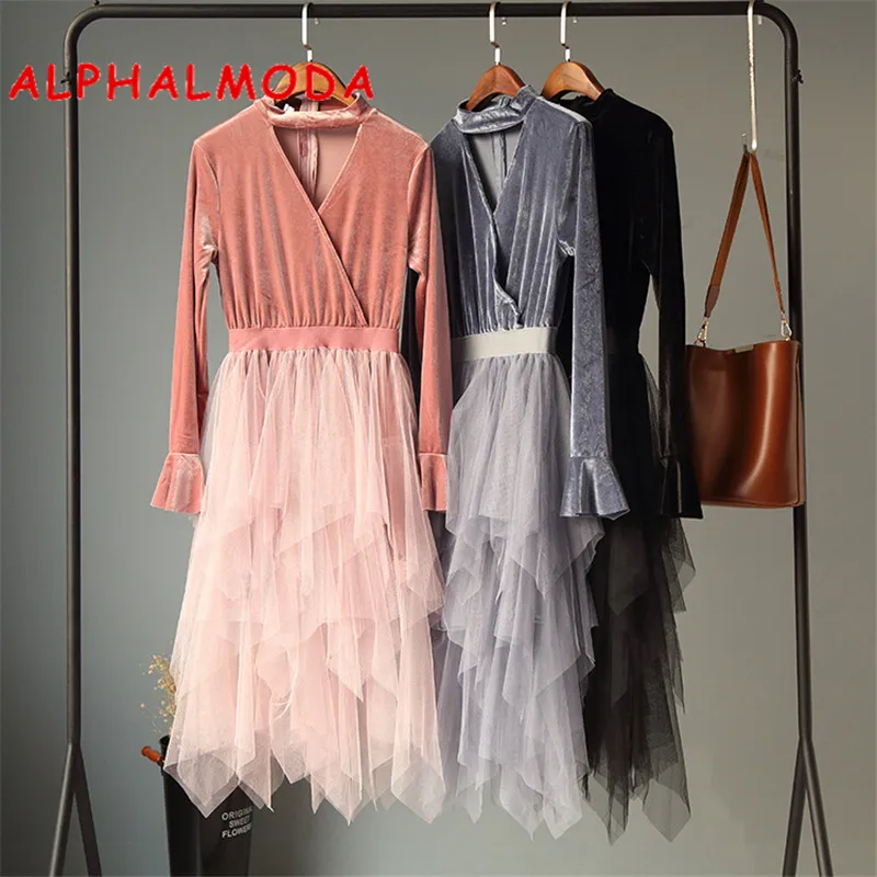 ALPHALMODA 2018 Женский костюм с v образным вырезом расклешенными рукавами и сеткой