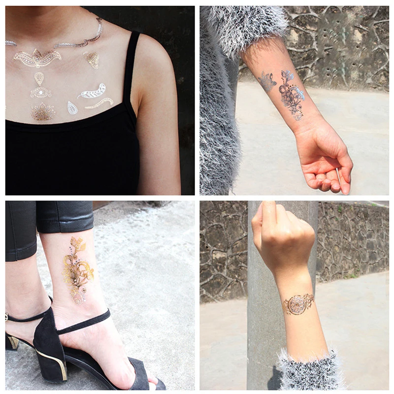 5pcs/lot Flash Metallic Inspire Waterproof Tattoo Gold Silver Tatuagem Temporary Sticker Jewelry Henna Tatoo 15*21cm | Красота и