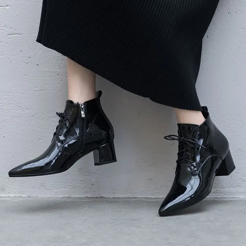ALLBITEFO fashion retro genuine leather pointed toe high heels women boots ankle boots for women leather boots girls shoes