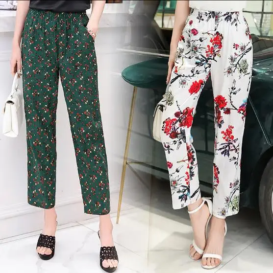 Летние женские брюки корейские хлопковые льняные клетчатые с эластичной талией