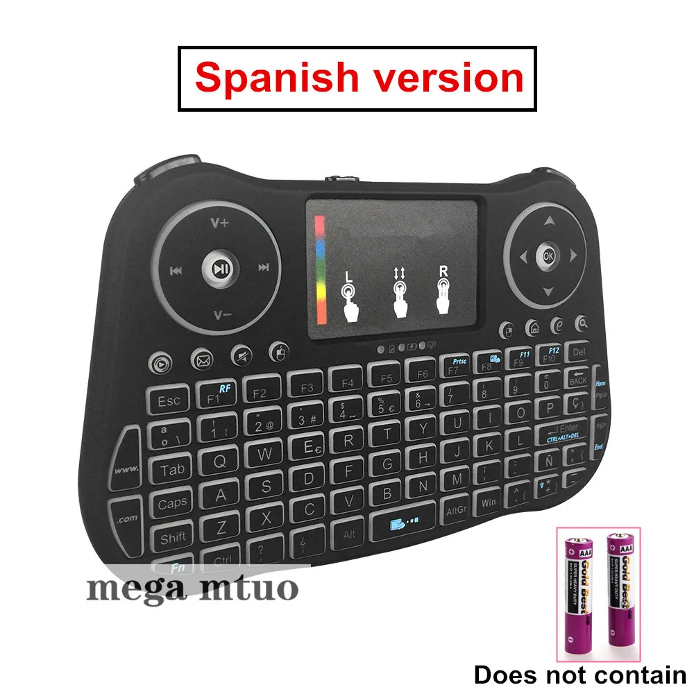 AAA battery Spanish MT08 русская английская мини беспроводная клавиатура с подсветкой 2,4 GHz Air mouse Touchpad для Android tv Box notebook PC - Цвет: AAA battery Spanish