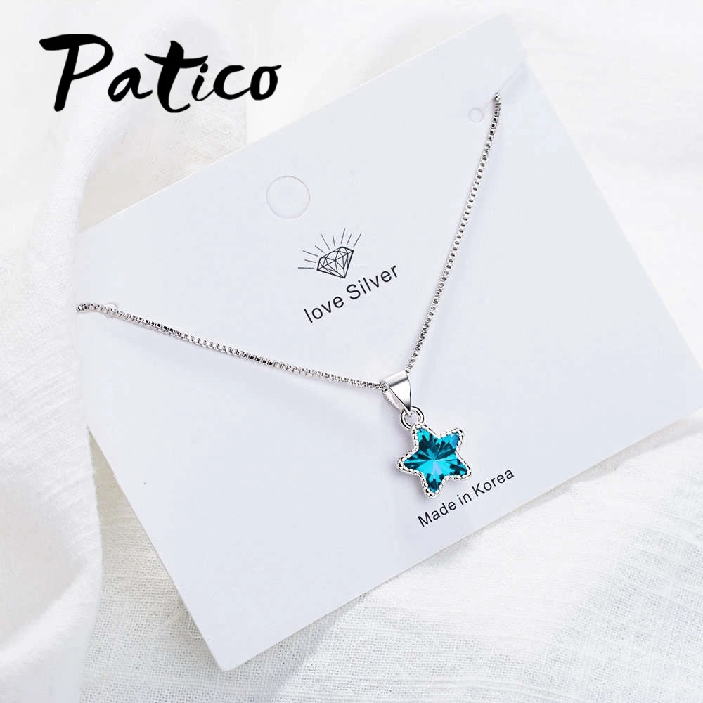 Fashion 925 Sterling Silver Necklace For Women Jewelry Charm Blue Star Crystal Pendants Accessories Party Girl Lady | Украшения и