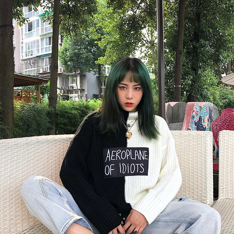 Зимний вязаный свитер с надписью в Корейском стиле Harajuku Ulzzang, свитер с высоким воротником и длинными рукавами в стиле хип-хоп, повседневный модный свитер с вышивкой