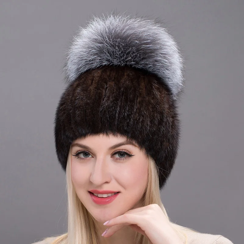 Настоящие норковые меховые шапки модные женская зимняя вязаная шапка из