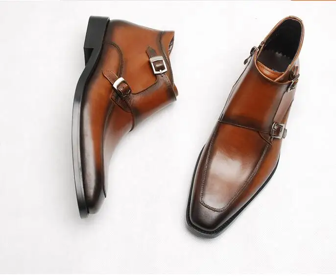 

Double Buckles Mens Genuine Leather Dress Ankle Martin Boots Shoes 2018 Spring Autumn Fashion Winter Combat Carved Derby Boots
