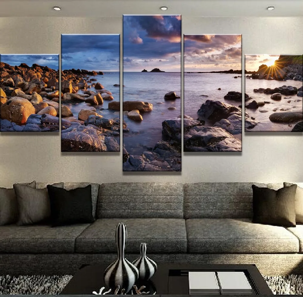 Framework 5 Panel HD Print Coast Stone Cuadros Landscape Canvas Wall Art Home Decor For Living Room Unique Gift Picture | Дом и сад