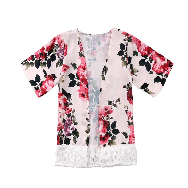 Детский шифоновый кардиган кимоно с цветочным принтом и бахромой для девочек От 1