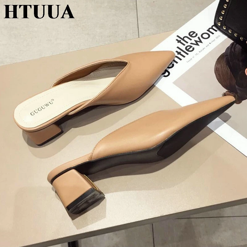 HTUUA/2019 г. сезон весна лето женские шлепанцы острый носок толстый каблук кожаные