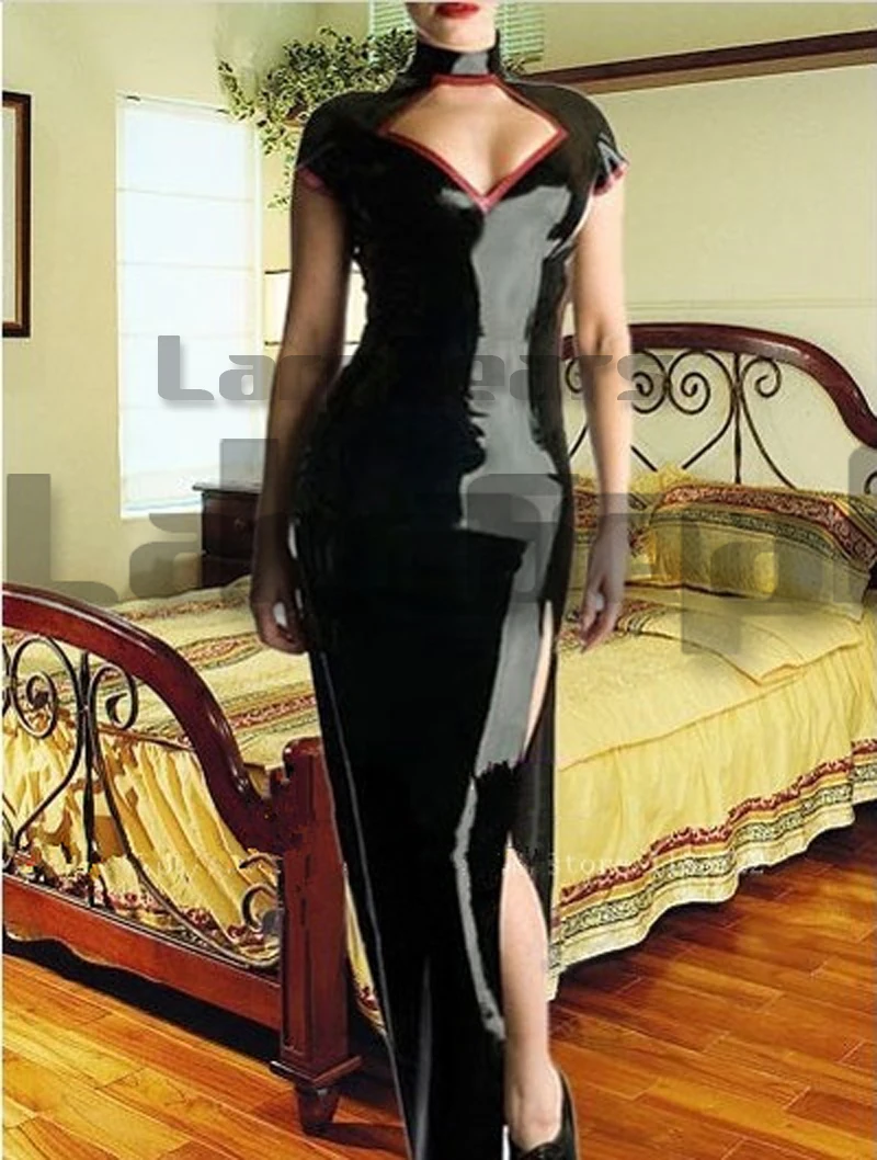 

Sexy Women Black Latex Dress Rubber Long Dress Body-hugging Bodysuit