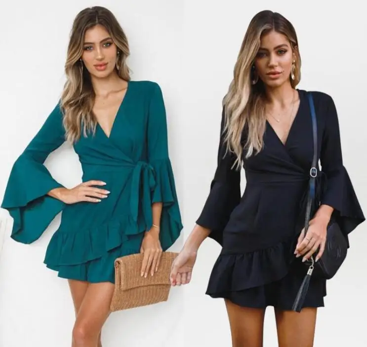 

New Fashion Spring Sumera Banged flower Waist style Women's Dress V neck Design