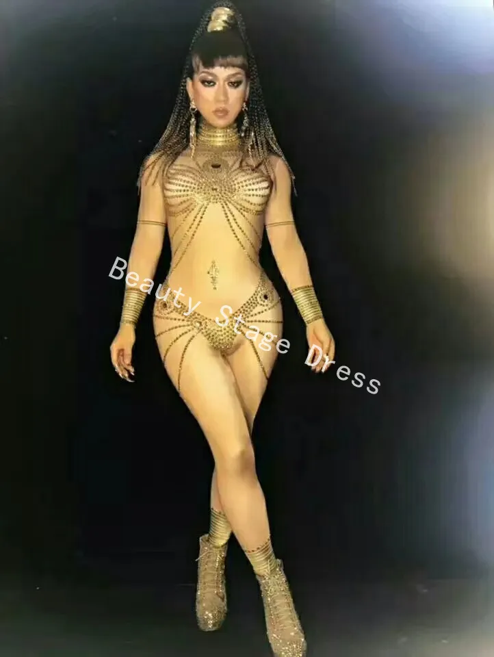 Sparkly Jumpsuits Gold Crystals Sexy Women Rompers Stage Show Wear Birthday Celebrate Party Dress Prom Costume Outfit