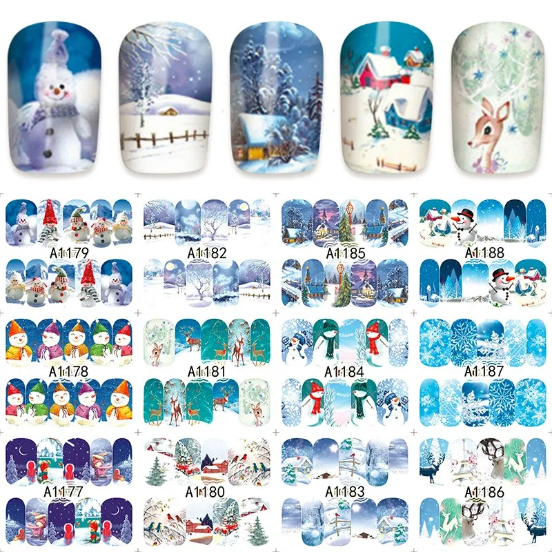 12 листов новогодние переводные наклейки для дизайна ногтей|winter decals|nail art decorations