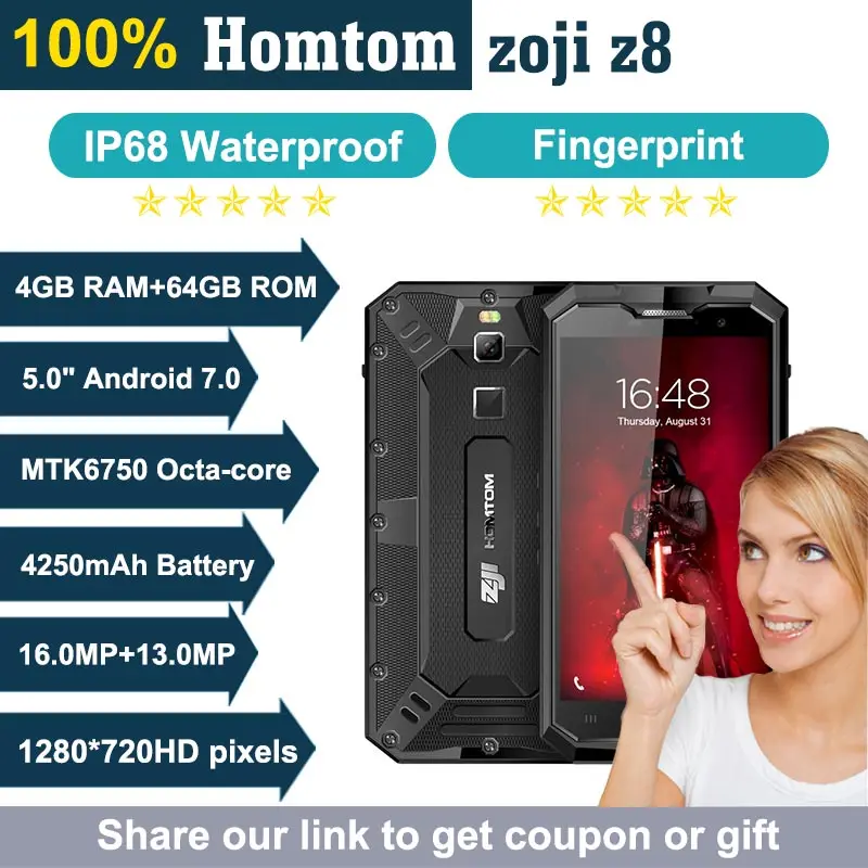 Водонепроницаемый IP68 HOMTOM зоджи Z8 4G B 6 4250 мАч 5 0 "Android 7 OTG Смартфон mtk6750 восемь ядер