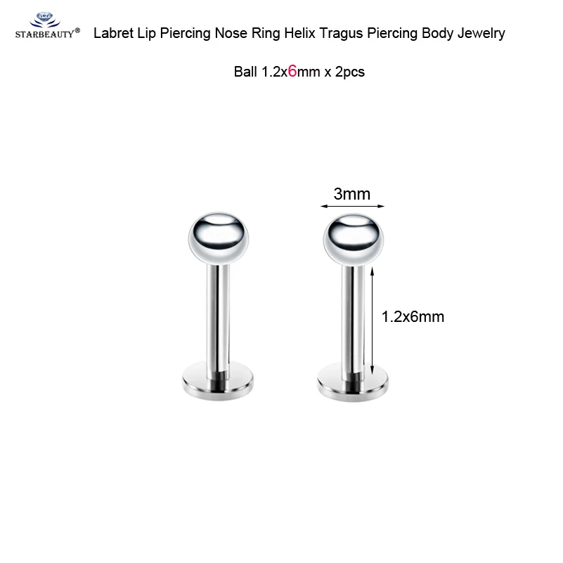 Ball 6mm Комплект из 2 предметов для детей от 6/8 мм шар сердце с изображением луны и звезд, козелка пирсинг Спираль пирсинг ореха кольцо для пирсинга губ для пирсинга носа кольца из нержавеющей стали, серьги Pircing - Окраска металла: Ball 6mm