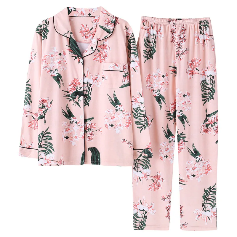 

Autumn and winter pajamas ladies long sleeves cute and comfortable loose cardigan L printed cotton temperament home service suit