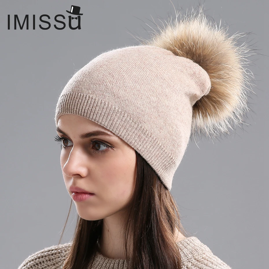 Женская Зимняя Шапка бини с помпоном из меха енота|warm hat|casual beanieswinter women hat |