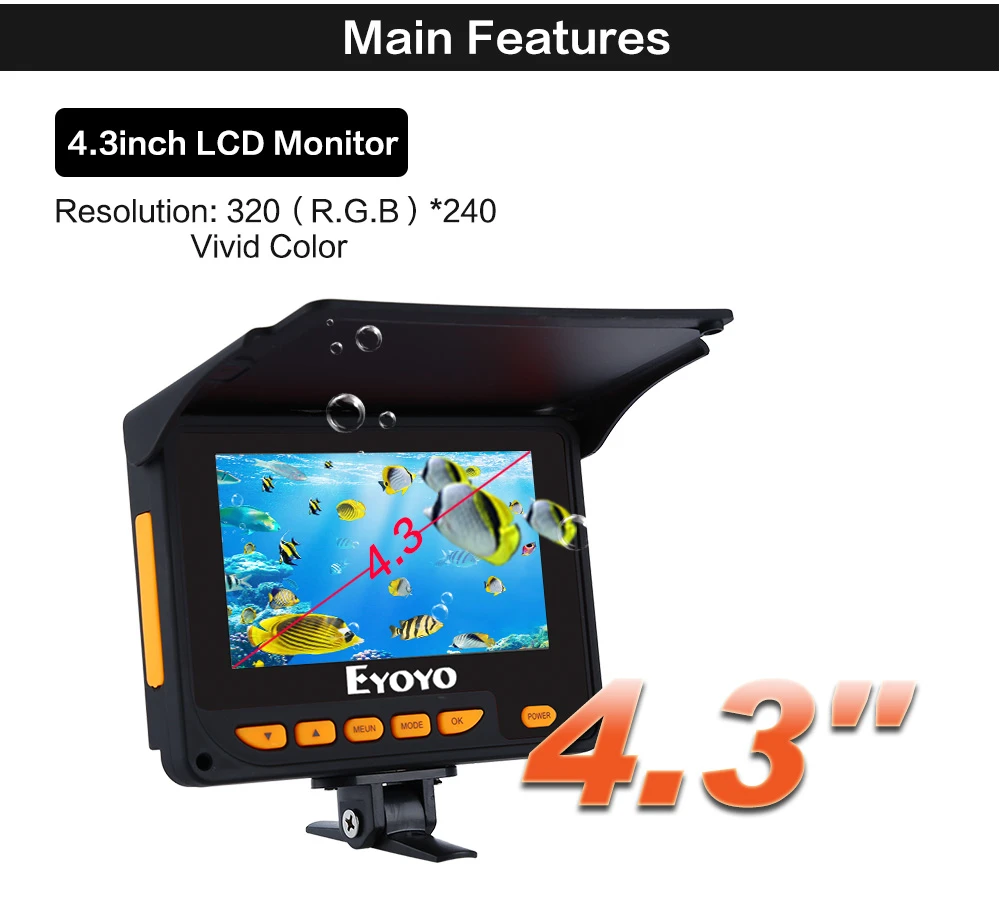 Eyoyo Original Рыбоискатель 4.3"20М Эхолот HD1000TVL Подводная камера для рыбалки с видеозаписю DVR и IR LED лампочеком Солнцезащитный козырек 150 Градусов