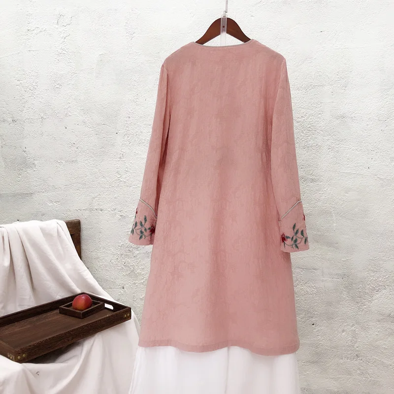 Cotton Linen Female Long Sleeve Retro Literary Embroidery Spring National Wind Dress Round Neck A-Line Dresses |