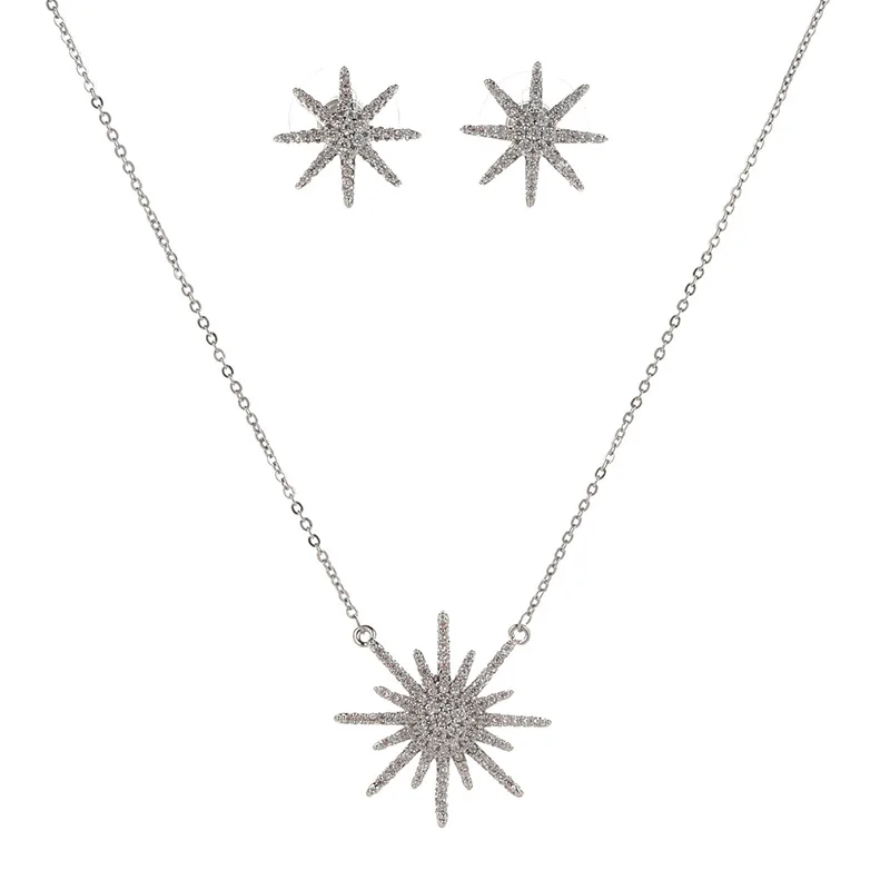 white gold Hadiyana Европейская и американская мода универсальные блестящие серьги с восьмиконечной звездой ожерелье тренд ключицы цепи наборы TZ5026 - Окраска металла: white gold