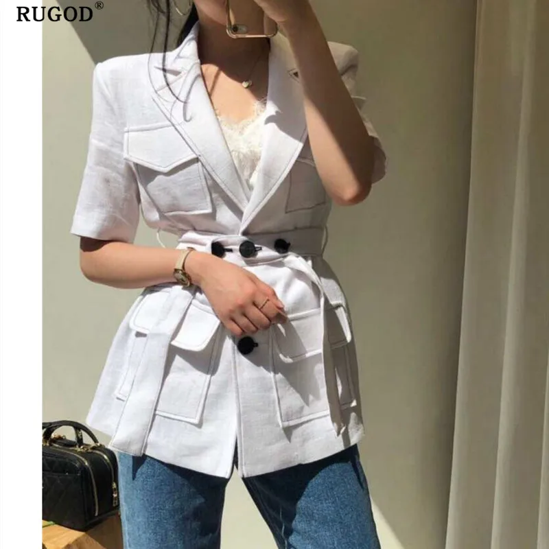 RUGOD 2019 новый модный костюм с коротким рукавом тонкий пиджак пуговицами и поясом