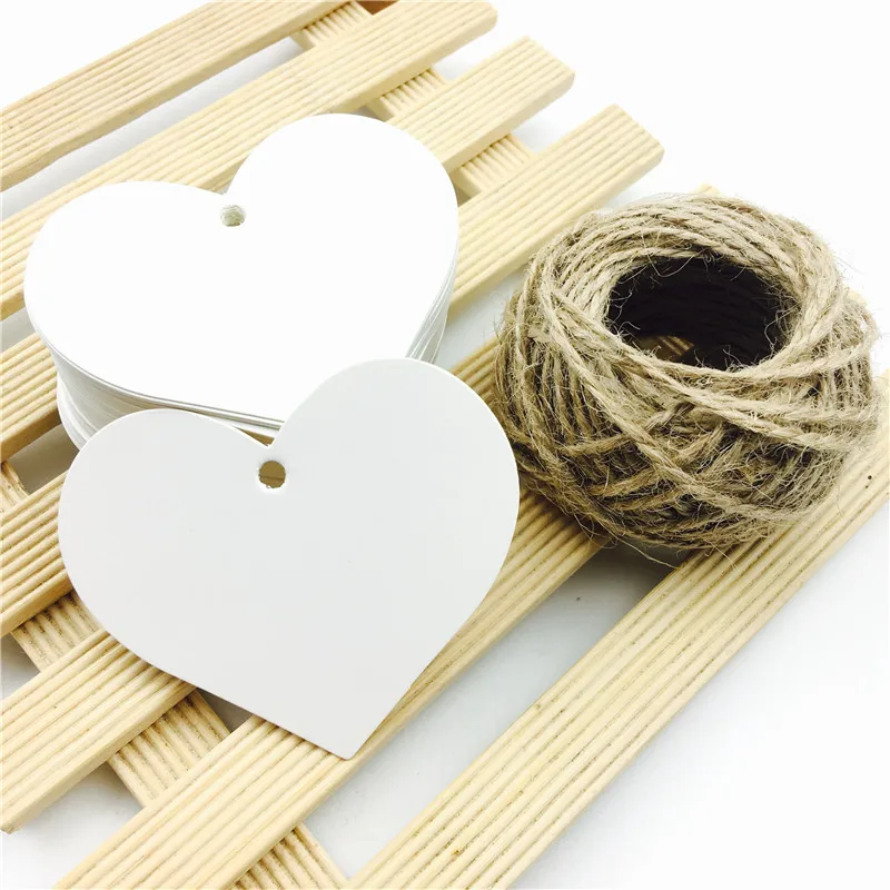 white with 15m rope 100 шт./лот, в форме сердца, белые, черные, коричневые, крафт-бумажные бирки, садовые этикетки, сделай сам, свадебные заметки, пустая Подарочная бирка, 6,5*5 см - Цвет: white with 15m rope