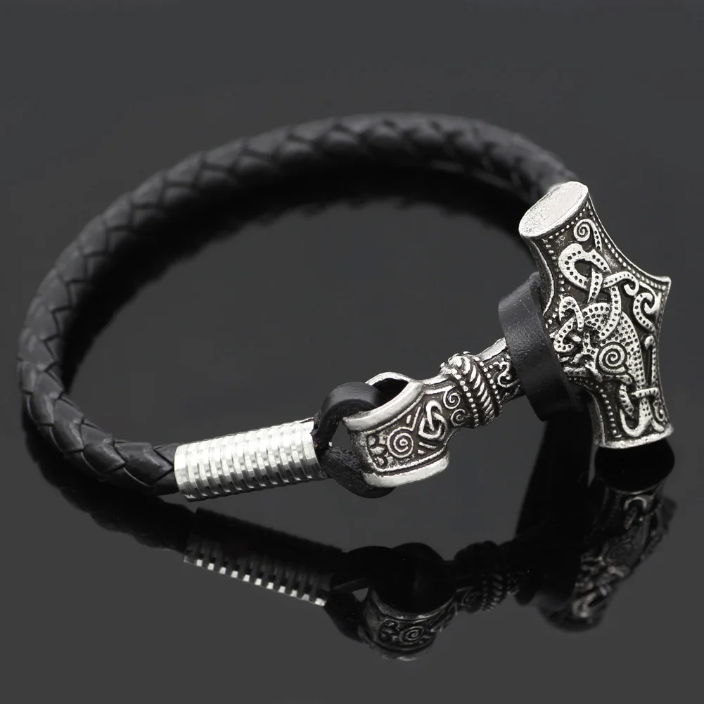 Thor Hammer Mjolnir Viking Amulet Scandinavian Leather Bracelet with Gift Bag | Украшения и аксессуары