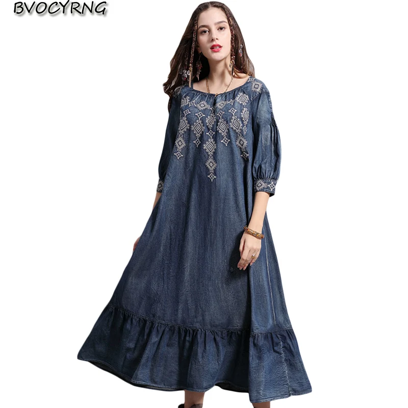 

Women 2019 spring large size denim dresses Vintage embroidered ruffled dress fashion loose autumn Boutique jeans dress female