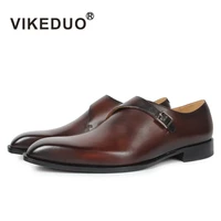 vikeduo 2019 hot genuine leather shoes for men wedding office dress shoes brown patina handmade monk strap shoes casual footwear
