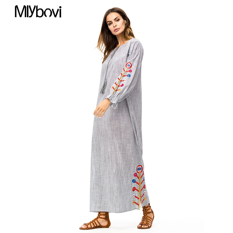 Мусульманское abaya Вышивка женское Макси Летнее Длинное Платье Роба Арабский