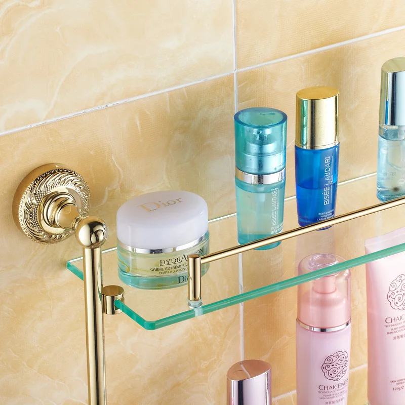 The new patent wide copper and gold antique makeup double towel bar Continental shelf with glass shelving units Goods|towel offers|towel