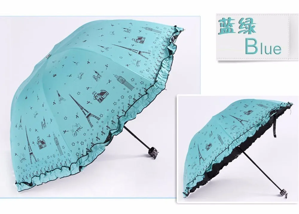 light blue Корейский Apollo юбка принцесса Зонт Черный резиновый Париж железная башня ультрафиолетовых лучей слишком зонтик три складной зонтик - Цвет: light blue