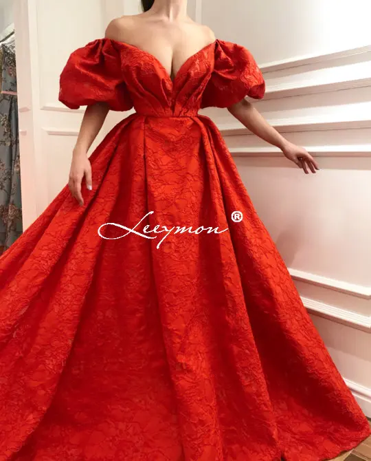 Leeymon Красное Жаккардовое вечернее платье с открытыми плечами пышными рукавами