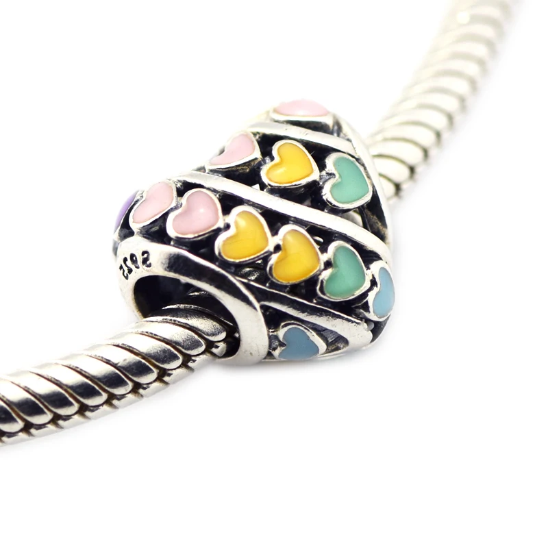 QANDOCCI Spring Multi-Color Hearts Charm Mixed Enamel DIY Fits for Original Charms Bracelets 925 Sterling Silver Jewelry | Украшения и