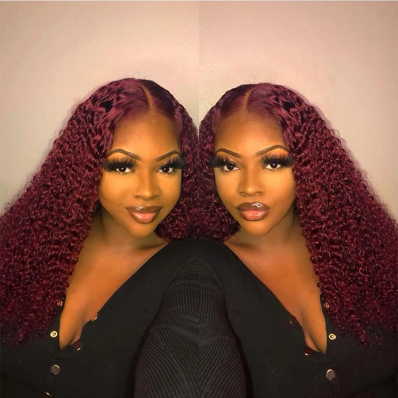 Бордовый Красный кудрявый 360 кружевной фронтальный парик человеческих волос для