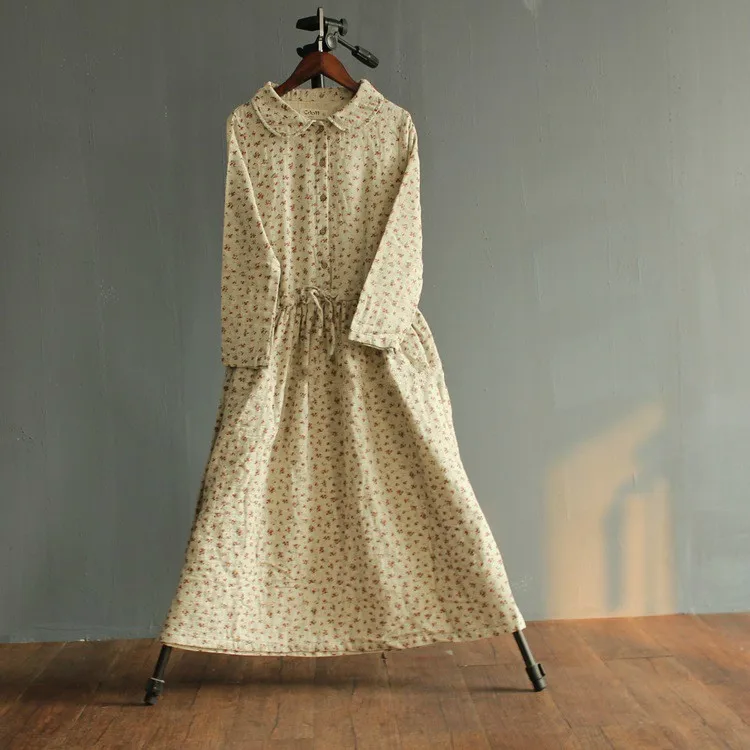 Винтажное деревенское романтическое платье с цветочным принтом и круглым отложным воротником, хлопковое платье с длинными рукавами, весна