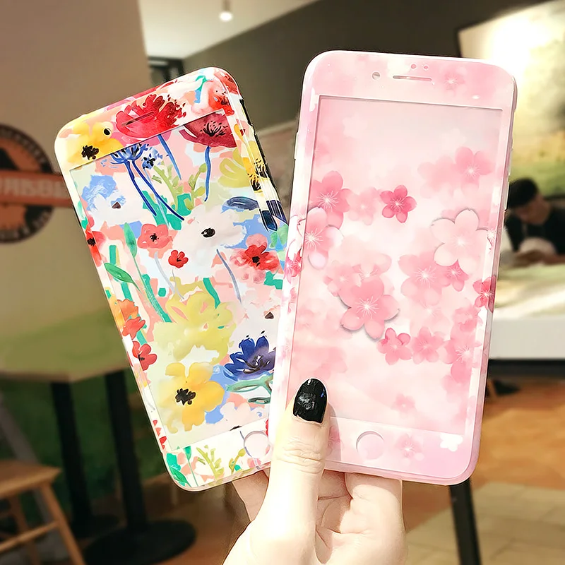 For iphone 7 7plus Luxury Peach blossom phone Cases Cover + Tempered Glass Screen Protector for iPhone 8plus 8 Flower Fudas |