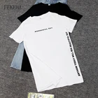 Женская длинная футболка FEKEHA, черно-белая хлопковая Футболка с разрезом сбоку, с буквенным принтом, в стиле Харадзюку, на лето 2020