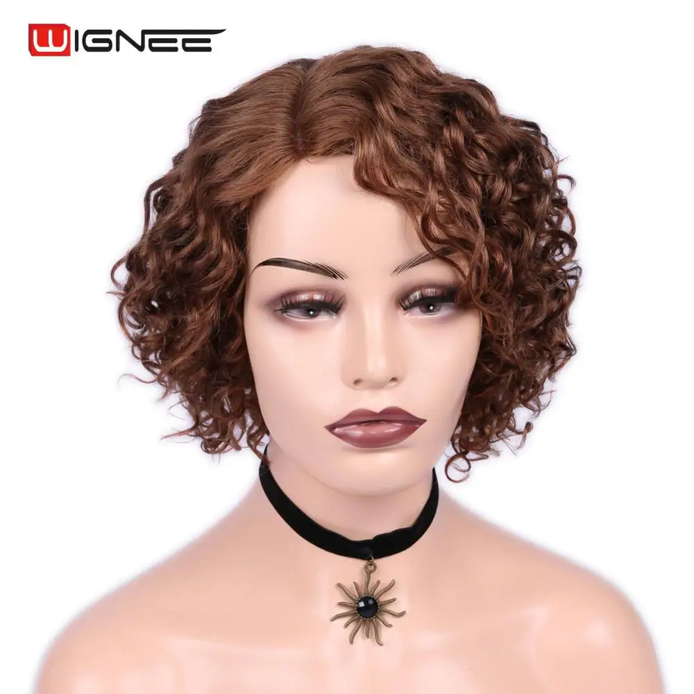 #30 Wignee, Короткие афро кудрявые человеческие волосы, парики для женщин, 150%, высокая плотность, натуральный черный, без клея, кружевные части, парики из человеческих волос - Цвет волос: #30