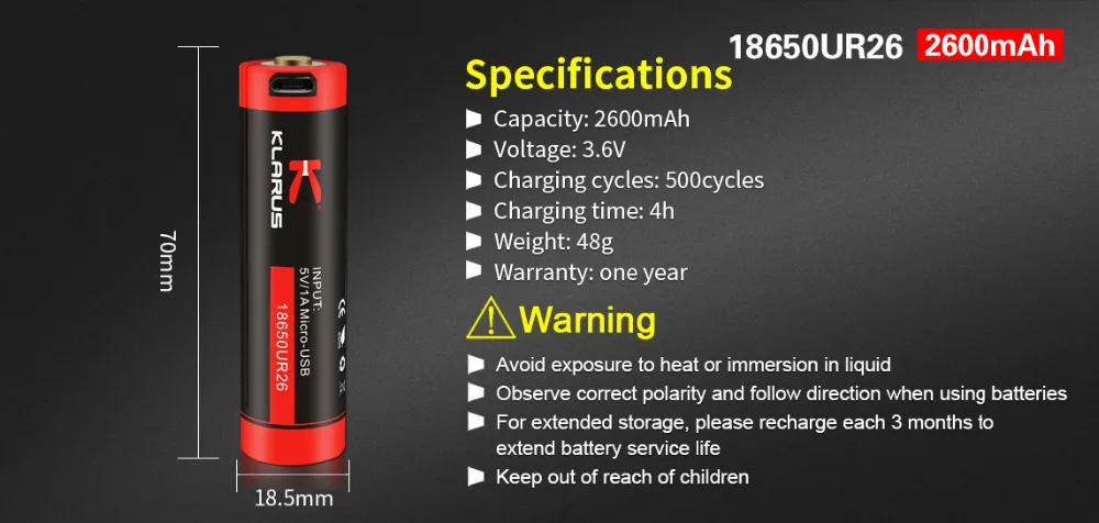 2 шт KLARUS 18650 18650UR26 USB литий-ионная батарея с Micro-USB зарядка 2600 mAh аккумуляторная батарея