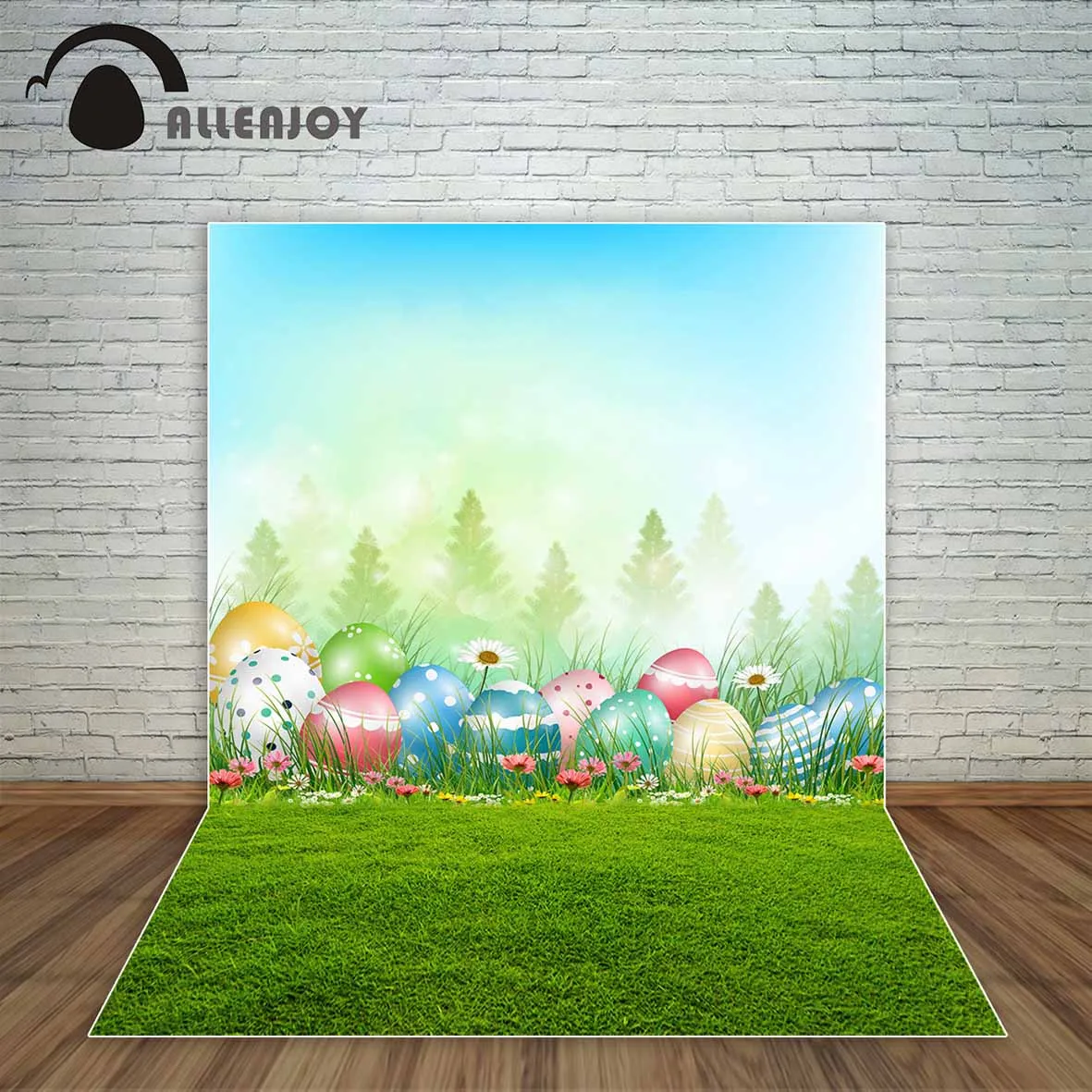 Allenjoy красочные пасхальные яйца в траве ромашки на пастельном синем фоне лес фото